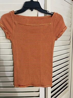 We The Free Orange & Cream Striped Square-Neck Short Sleeve Top